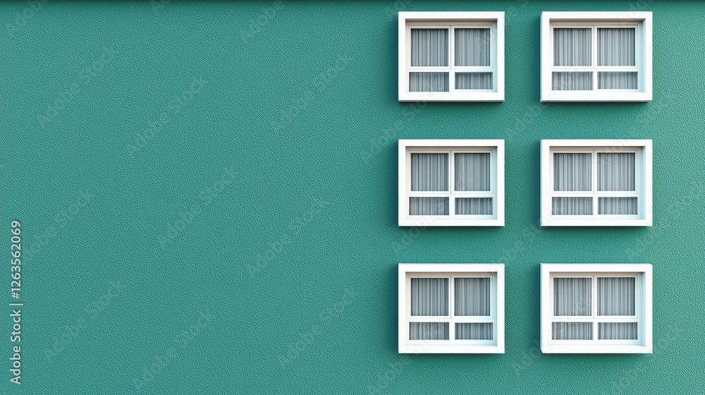 Teal building facade, six windows, minimalist design, architectural background, real estate Teal building facade, six windows, minimalist design, architectural background, real estate