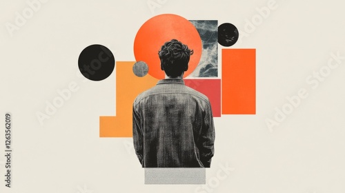 Man contemplating abstract art, beige background; website design