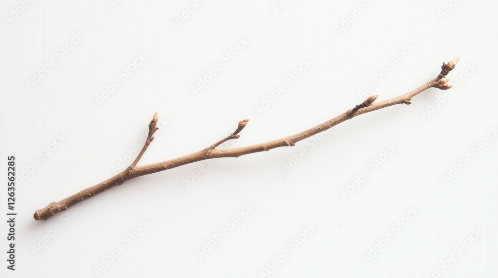 Bare tree branch on a white surface. Representing new beginnings and growth, ideal for nature, seasonal transitions, or minimalist design themes. Bare tree branch on a white surface. Representing new beginnings and growth, ideal for nature, seasonal transitions, or minimalist design themes.