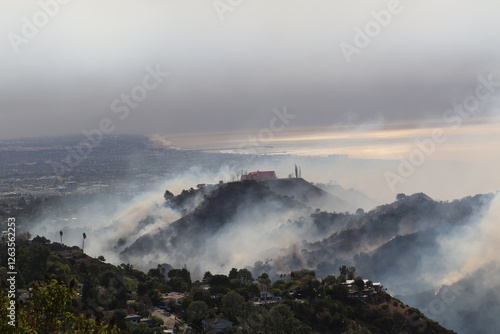 Palisades Wildfire Raging Through California’s Coastal Landscape – Thick Smoke and Scorched Terrain in Los Angeles Wildfire Disaste photo