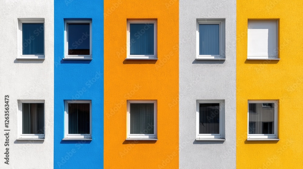 Fototapeta premium Colorful apartment building facade with multiple windows. Exterior view. Possible use for real estate, architecture, or design projects