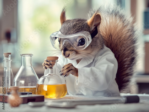 Humorous Red Squirrel Scientist with Flask in Lab - Animal Experiment Concept: Education, Science, Research, Discovery, Intelligence & Whimsy photo