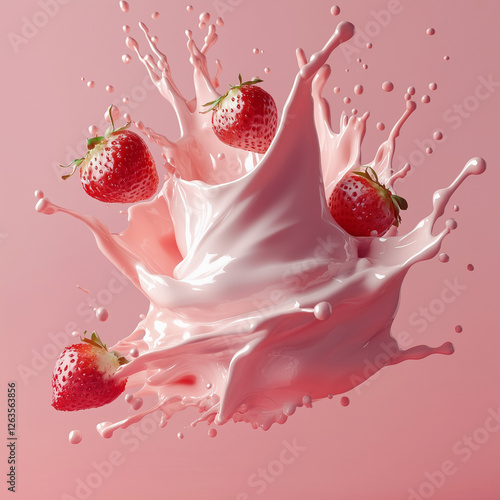 Splash of Strawberry Yogurt with Fresh Strawberries on Pastel Pink Background