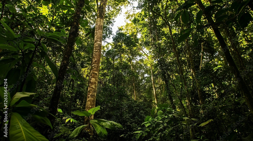 Fototapeta premium A lush and dense tropical forest with tall trees and vibrant green foliage creating a serene and immersive environment