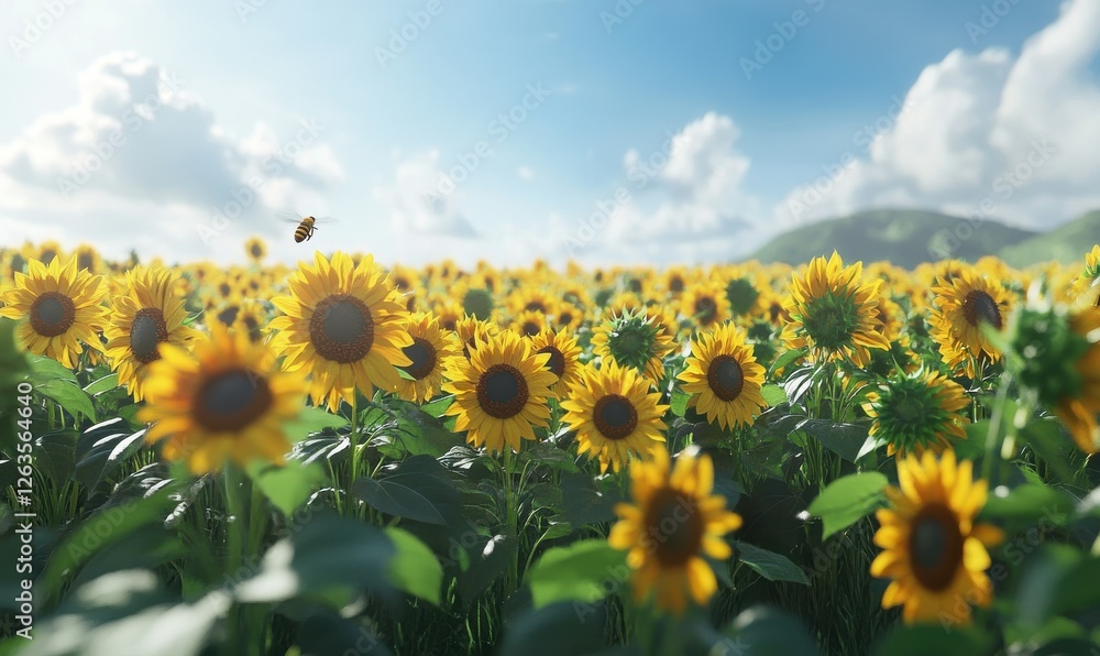 Fototapeta premium Vibrant sunflower field stretching towards the horizon under a bright summer sky, with a lone bee buzzing among the blooms.