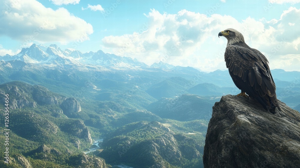 Fototapeta premium Eagle Perched on a Cliff with Mountains in the Distance