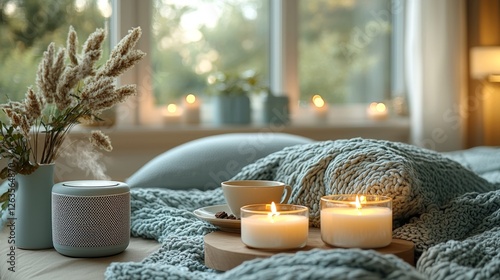 A soothing bedroom scene with a speaker playing relaxing music, surrounded by candles, a cup of tea, and soft pillows, creating the perfect environment for sleep