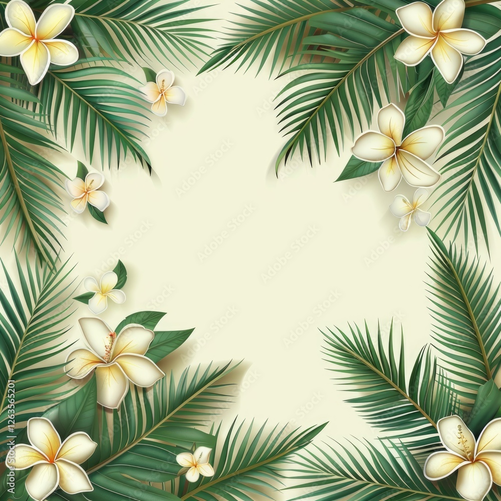 Summer background with tropical flowers and green leaves of a tropical palm tree on a light background. Smooth surface, top view. Summer background with tropical flowers and green leaves of a tropical palm tree on a light background. Smooth surface, top view.