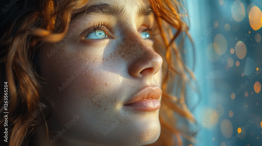 A close up of a woman's face with freckles and blue eyes illuminated by warm sunlight A close up of a woman's face with freckles and blue eyes illuminated by warm sunlight