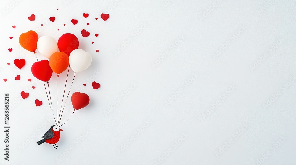 A flock of red and white balloons soaring in the sky, accompanied by a bird on one end and hearts on the other A flock of red and white balloons soaring in the sky, accompanied by a bird on one end and hearts on the other