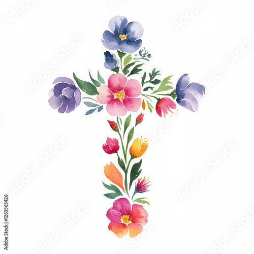Watercolor christian cross with flowers, isolated on white background.