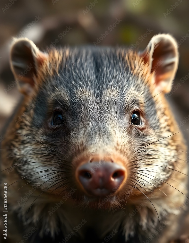 Wombat’s rounded face, soft fur detailed against a blurred background Wombat’s rounded face, soft fur detailed against a blurred background