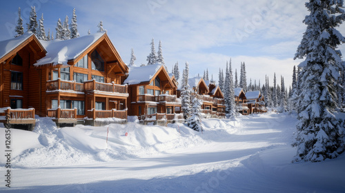 Cozy ski lodges nestled in the snowy landscape of Big White Ski Resort, Canada, during the winter season photo