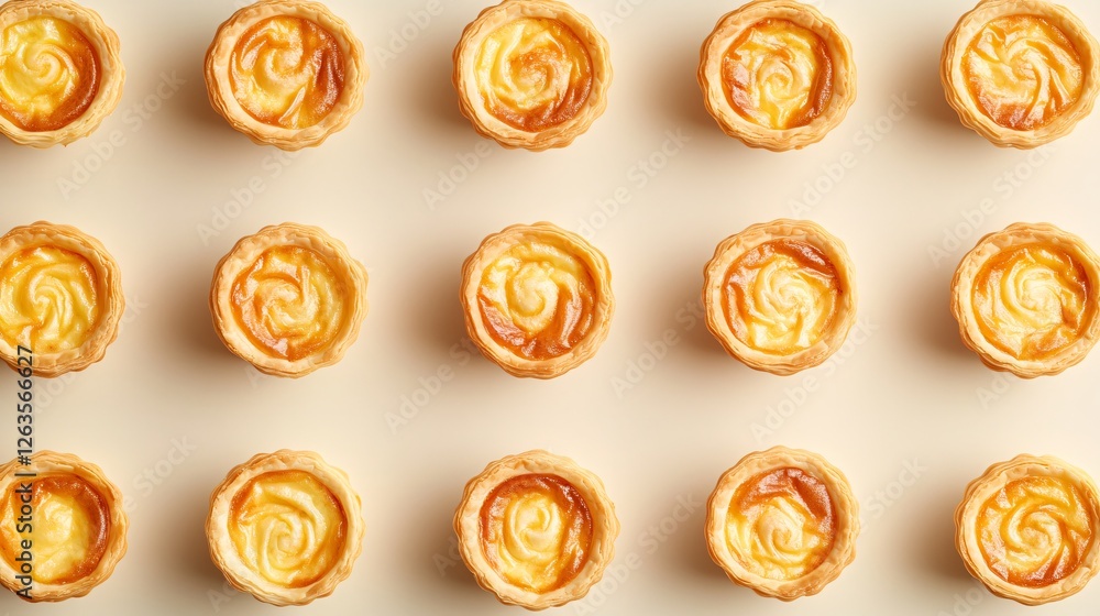A top-down symmetrical arrangement of multiple mini Easter quiches forming an intricate circular pattern on a neutral-toned background A top-down symmetrical arrangement of multiple mini Easter quiches forming an intricate circular pattern on a neutral-toned background