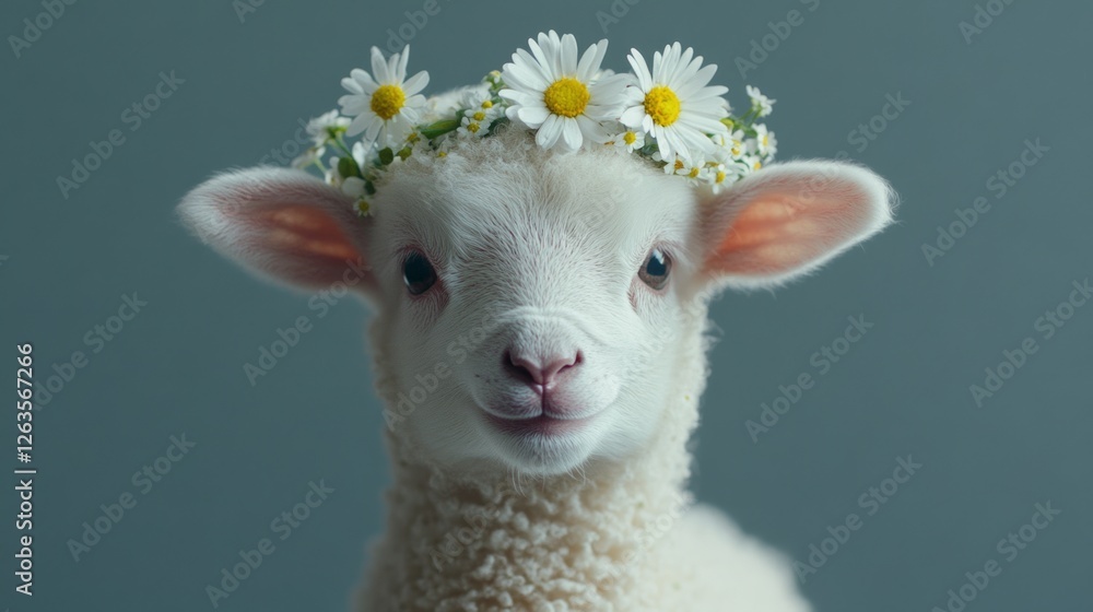 Fototapeta premium adorable lamb close-up wearing a small floral wreath on head made of spring flowers such as daisies