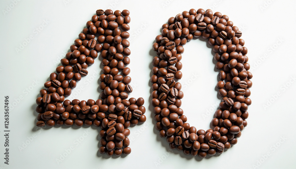 Coffee beans arranged in a number forty design on a white background for coffee lovers concept Coffee beans arranged in a number forty design on a white background for coffee lovers concept