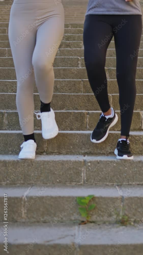 Women climbing stairs during outdoor workout Women climbing stairs during outdoor workout