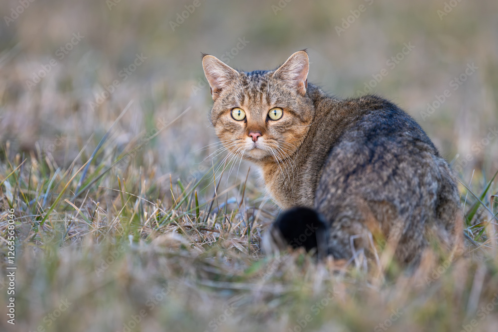 Portrait of wildcat male on the grassy meadow during he sunset, wildlife, felis silvestris, Slovakia. Portrait of wildcat male on the grassy meadow during he sunset, wildlife, felis silvestris, Slovakia.