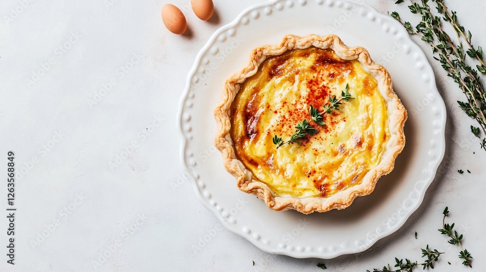 An elegant mini Easter quiche served on a delicate white plate, with a light dusting of paprika and a sprig of fresh thyme, isolated against a neutral backdrop An elegant mini Easter quiche served on a delicate white plate, with a light dusting of paprika and a sprig of fresh thyme, isolated against a neutral backdrop