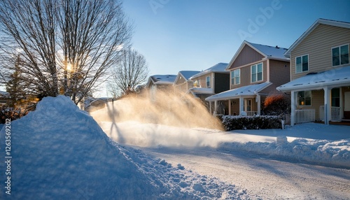 the wind is blowing around snow in a north american neighborhood photo