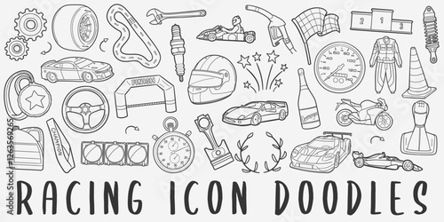 Racing Vehicles Doodle Icons Black and White Line Art. Speed Clipart Hand Drawn Symbol Design.