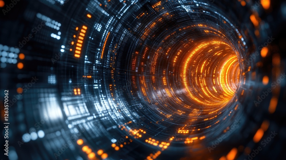 Obraz premium Abstract digital tunnel, glowing orange light, futuristic background, data stream, possible use tech, sci-fi concept