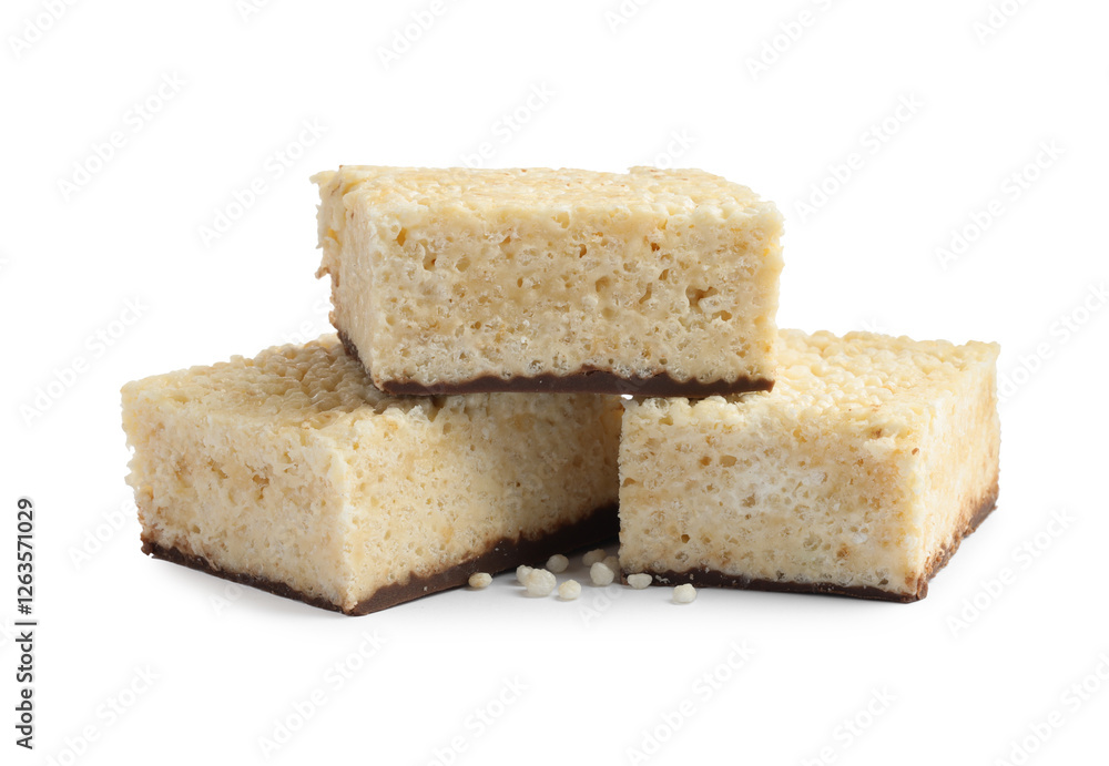 Delicious puffed rice bars isolated on white Delicious puffed rice bars isolated on white