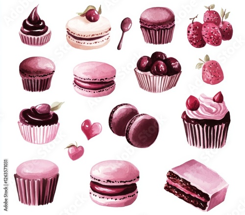 A collection of French confections, including meringue, petits fours, calisson, and macaron, depicted in a watercolor illustration on a white background photo