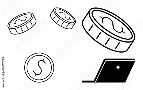 Outlined coins with dollar signs appear to be flying towards an open laptop. Ideal for concepts thumbs up fintech, investment, e-commerce, online banking, economic growth, digital transactions