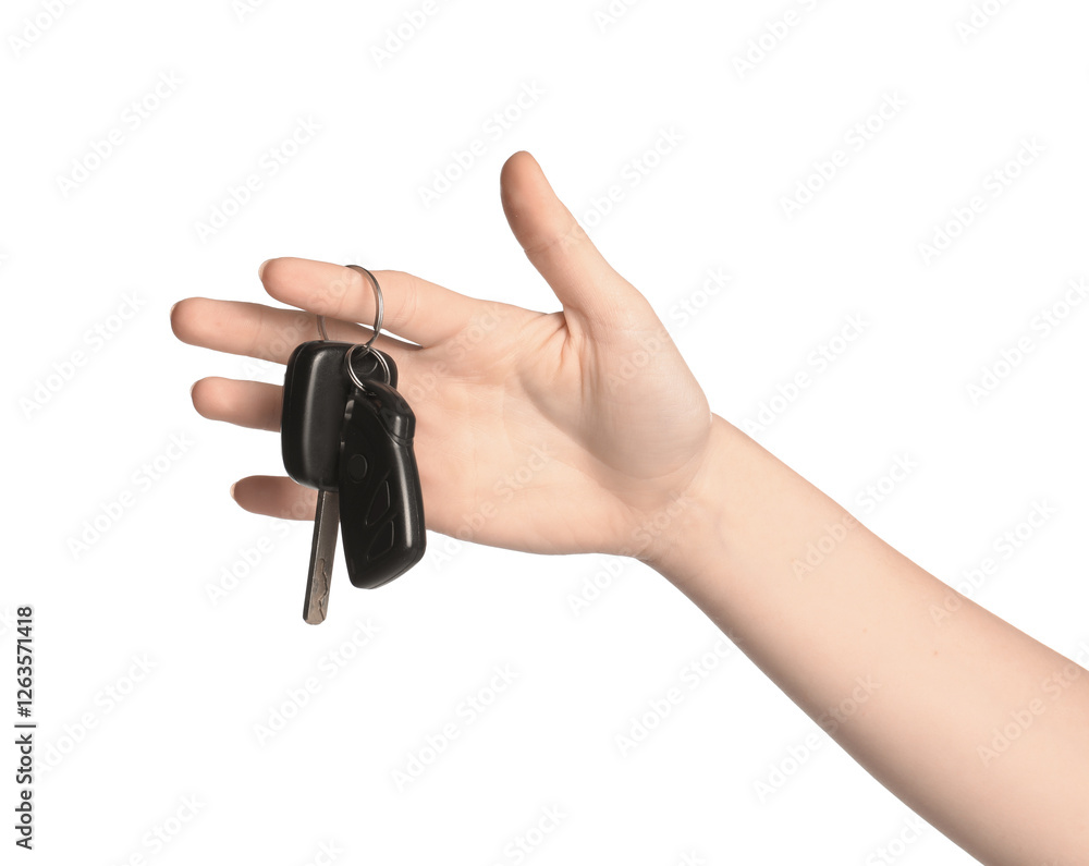 Woman with car keys on white background, closeup Woman with car keys on white background, closeup