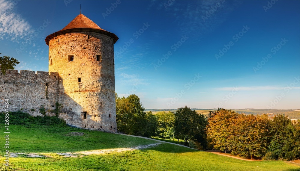 weathered stone tower of ostroh castle stands amid green lawn and colorful trees the medieval fortress in rivne region ukraine basks in warm sunlight on a clear summer day weathered stone tower of ostroh castle stands amid green lawn and colorful trees the medieval fortress in rivne region ukraine basks in warm sunlight on a clear summer day