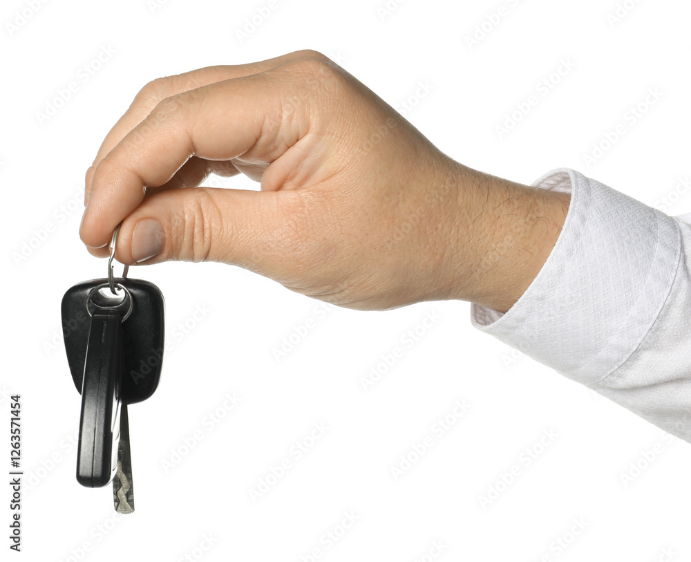 Man with car keys on white background, closeup Man with car keys on white background, closeup