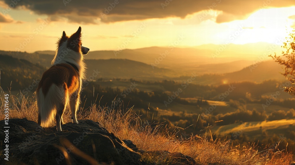 Collie Standing on a Hill Overlooking a Valley --- Collie Standing on a Hill Overlooking a Valley ---