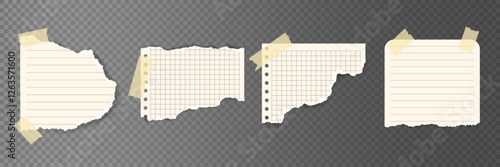 Torn notebook paper elements with sticky tape. Realistic paper pieces fixed with adhesive tape. Template for social media, collage, notes, reminders, creative backgrounds design