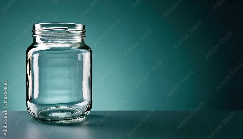 Empty glass jar stands on a simple surface with a soft blue-green background