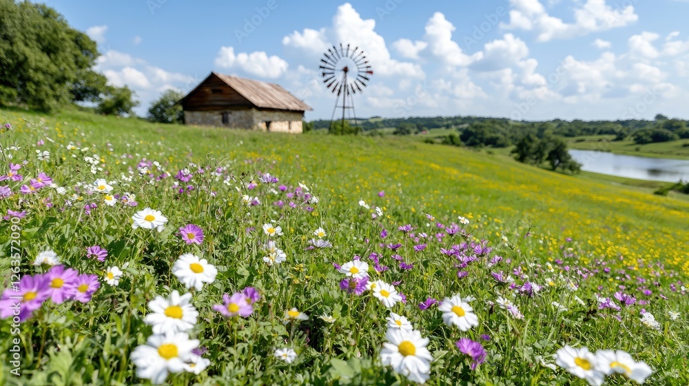 Rural landscape, quaint house, windmill, wildflowers, serene summer day. Possible use Nature photography stock image Rural landscape, quaint house, windmill, wildflowers, serene summer day. Possible use Nature photography stock image