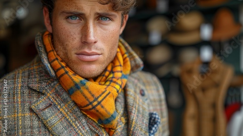 Man with freckles wearing a plaid coat and scarf in a clothing store photo