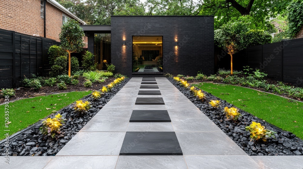 Fototapeta premium Modern garden path leads to black house