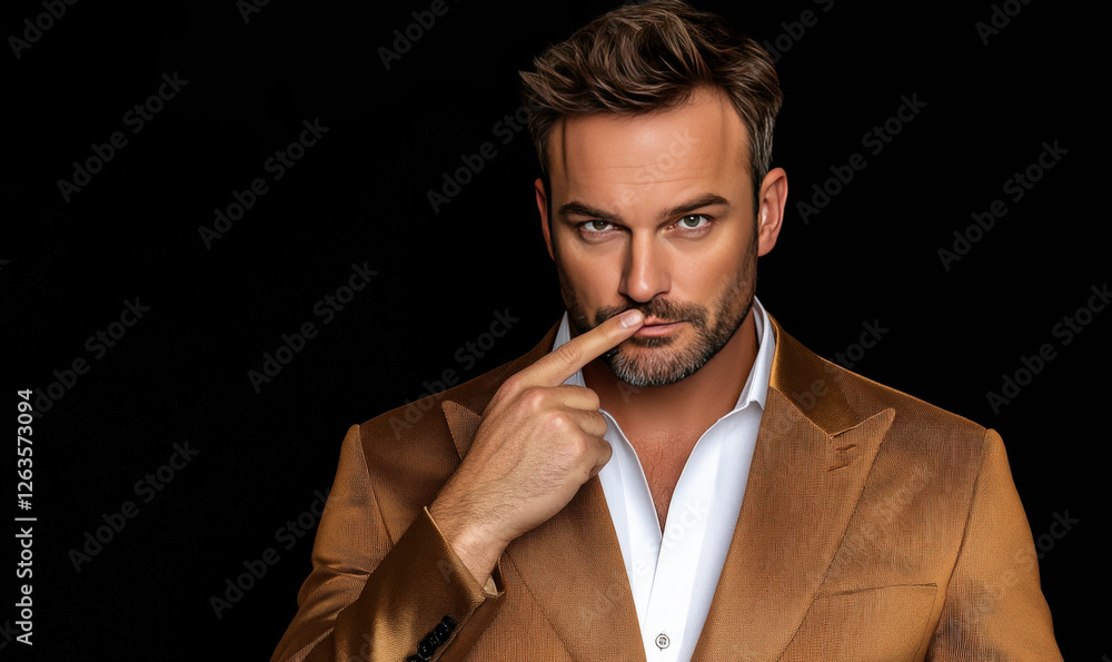 Confident Man in Stylish Brown Suit Points to Lips, Exudes Charm and Sophistication Against Black Background Confident Man in Stylish Brown Suit Points to Lips, Exudes Charm and Sophistication Against Black Background