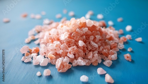 himalayan salt pink himalayan salt crystals close up pink coarse salt crystals macro shot over pastel blue background