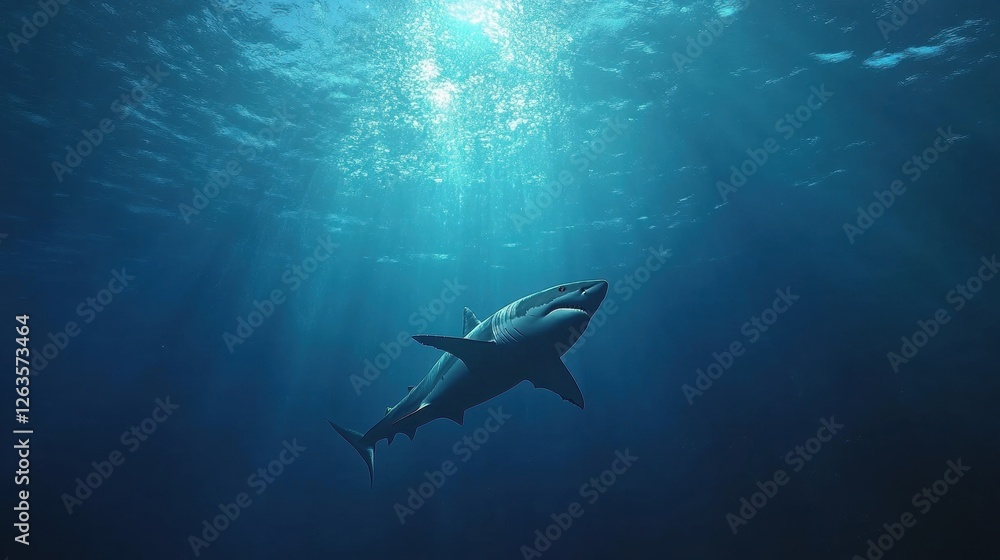 Fototapeta premium Great White Shark Swimming in Deep Blue Ocean