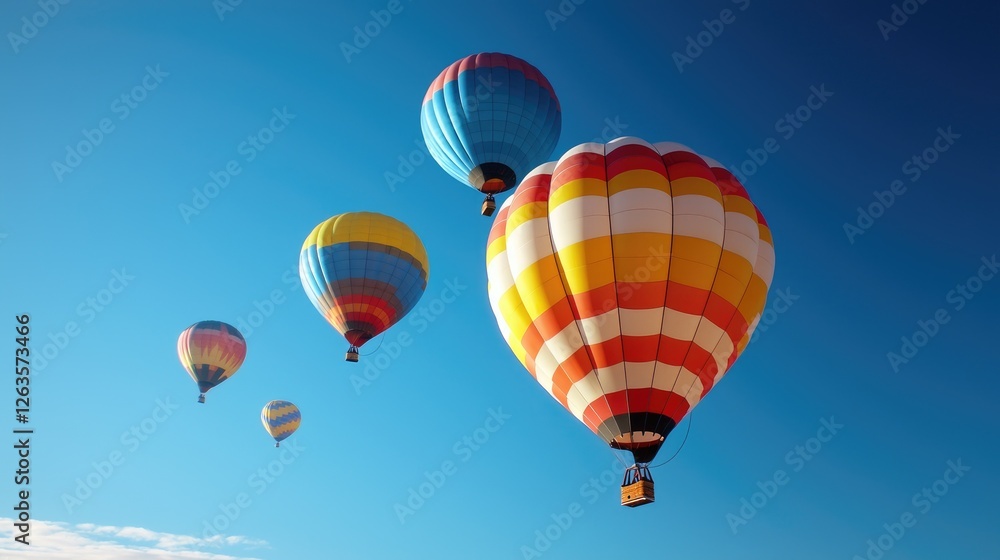 Colorful hot air balloons soar in a clear blue sky. Travel adventure, scenic backdrop Colorful hot air balloons soar in a clear blue sky. Travel adventure, scenic backdrop