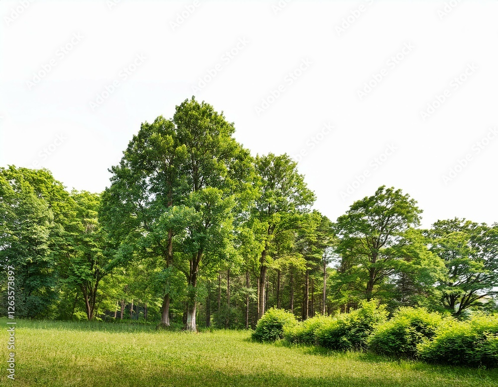 forest with big green trees and shrub in summer on white a background