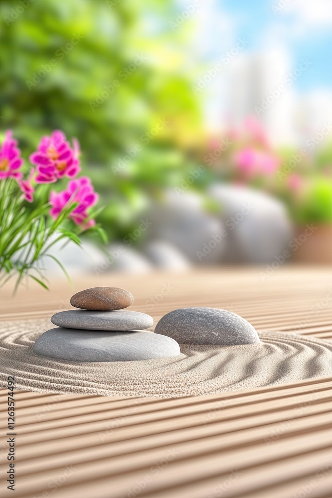 Zen garden with stacked stones on raked sand, surrounded by blooming flowers and green foliage, creating a peaceful and harmonious outdoor setting.
Zen garden with stacked stones on raked sand, surrounded by blooming flowers and green foliage, creating a peaceful and harmonious outdoor setting.