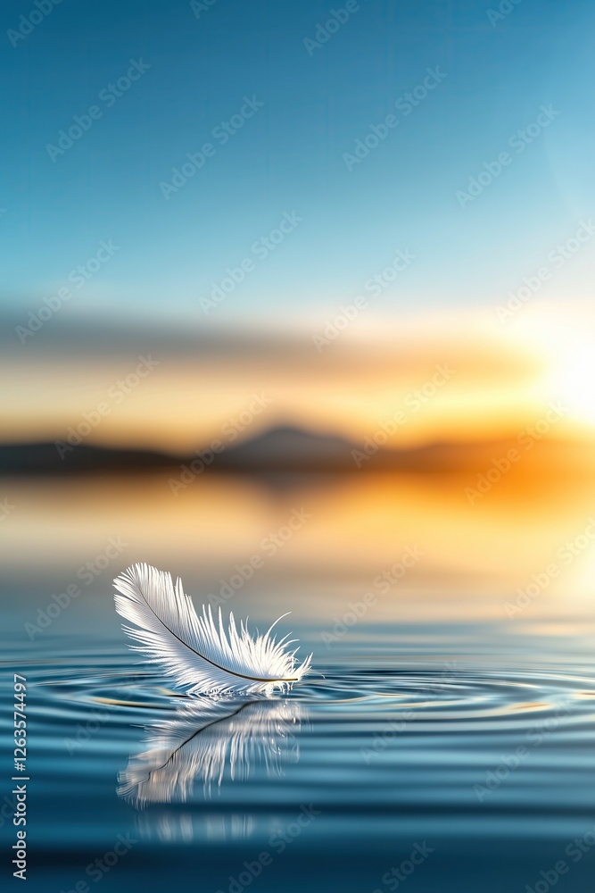 White feather floating on calm water at sunset, creating gentle ripples with a peaceful and serene atmosphere against a soft mountain backdrop.
White feather floating on calm water at sunset, creating gentle ripples with a peaceful and serene atmosphere against a soft mountain backdrop.