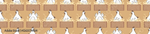 Funny chickens lay eggs in their chicken nests of the chicken coop, seamless vector pattern