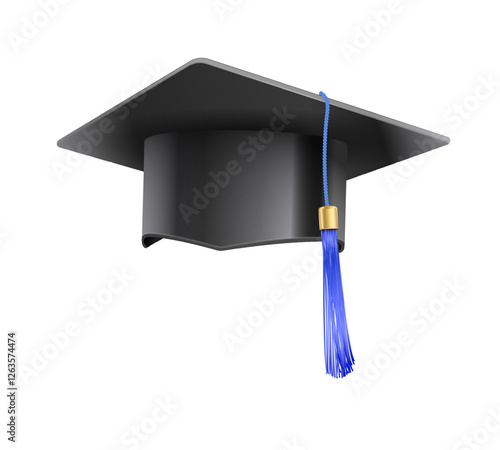 Vector realistic mortar hat. Philosopher student graduation cap with blue tassel. Black hat at graduation at the university. Symbol of academic education, higher university bachelor headdress.