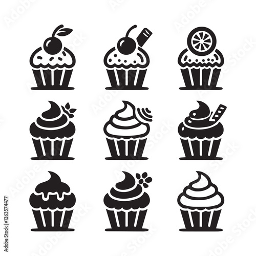 Black silhouette cupcake Icon, muffin logo, Vector set of cupcakes isolated on a white background.