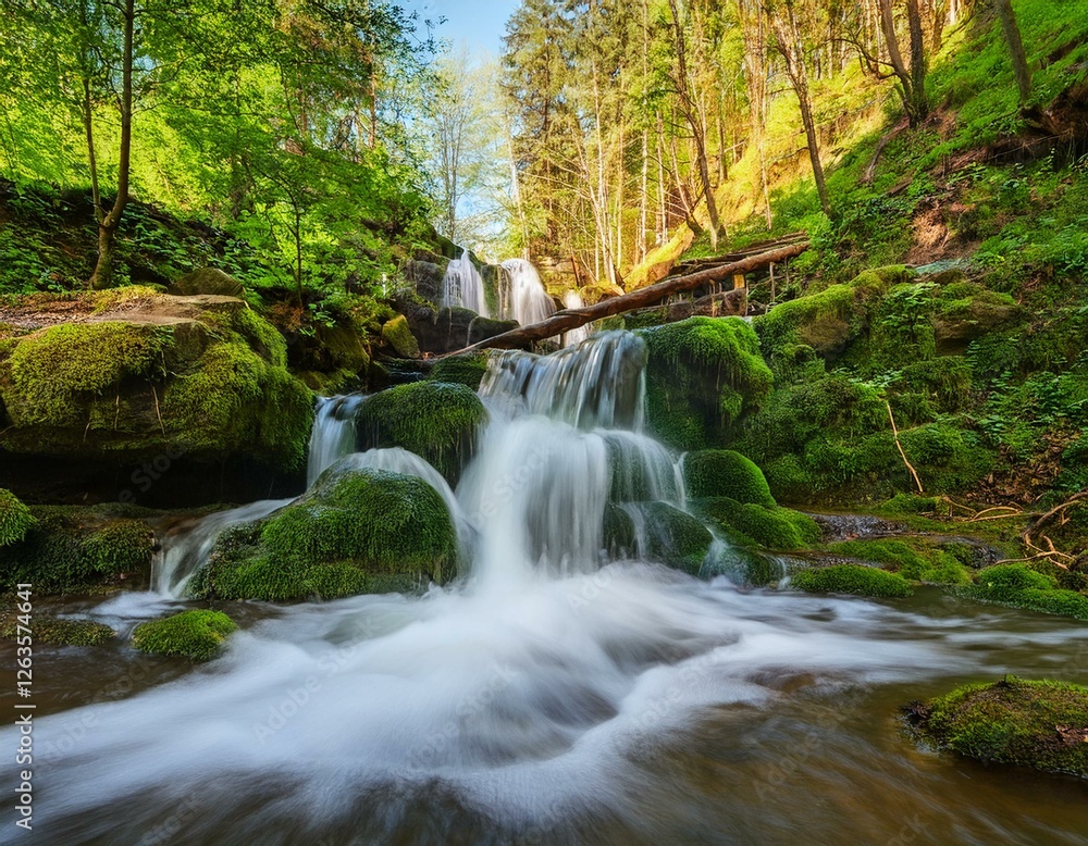 Fototapeta premium a small cascading waterfall in a mountain stream in the forest one of the waterfalls of the cascade of rusiliv waterfalls rusyliv ternopil region ukraine