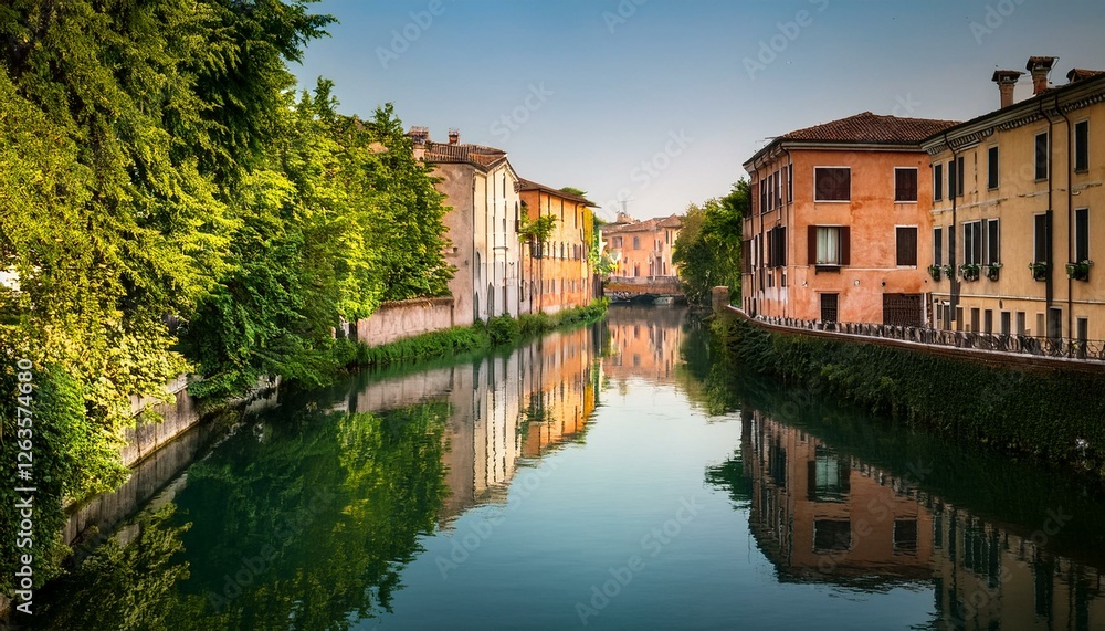 tranquil urban canal in vicenza with historic buildings and lush greenery reflected in calm waters the scene captures the essence of italian charm and architectural beauty tranquil urban canal in vicenza with historic buildings and lush greenery reflected in calm waters the scene captures the essence of italian charm and architectural beauty